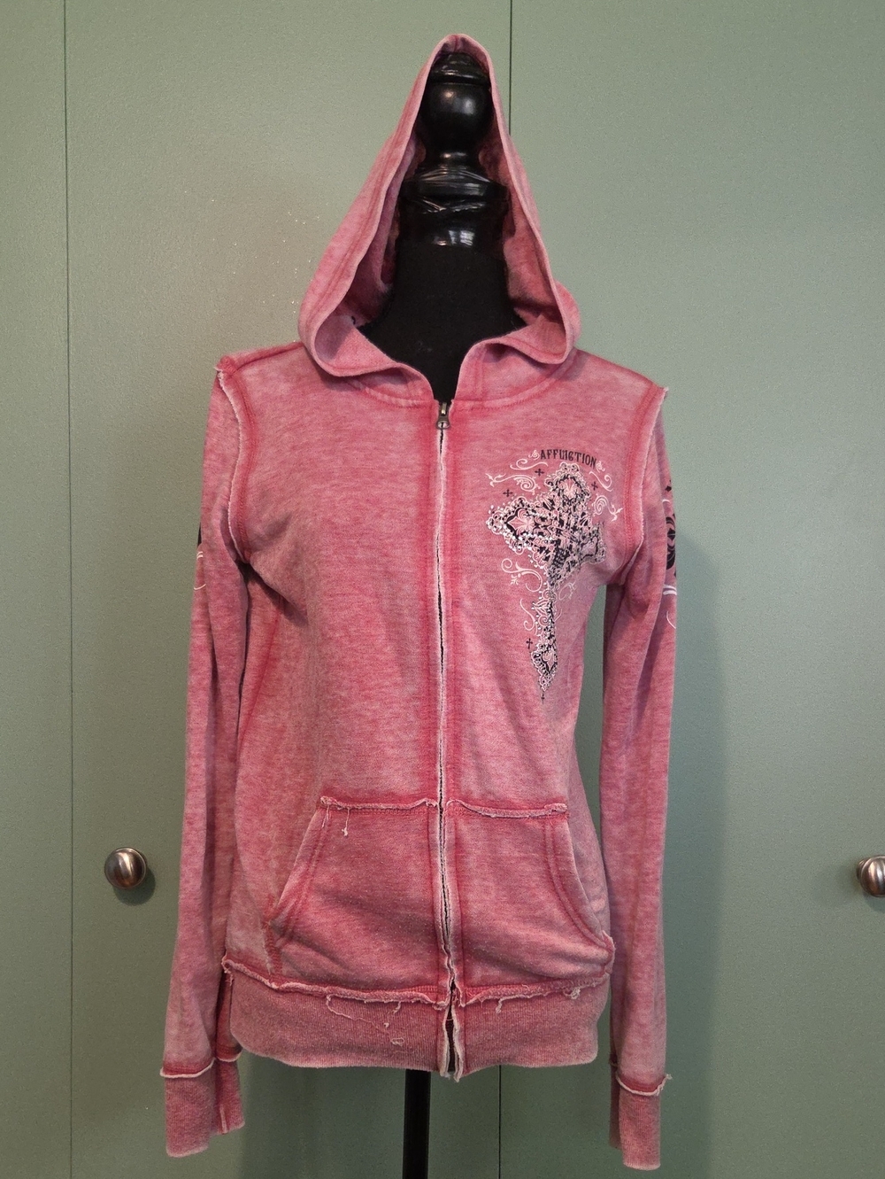 Affliction Light Red Rhinestone Cross Factoru Distressed Sweatshirt Size Medium